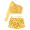 Kids Performance Costume Sequins Adorned One Shoulder Top with Wide Leg Shorts