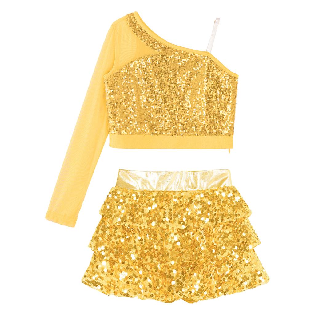 Kids Performance Costume Sequins Adorned One Shoulder Top with Wide Leg Shorts