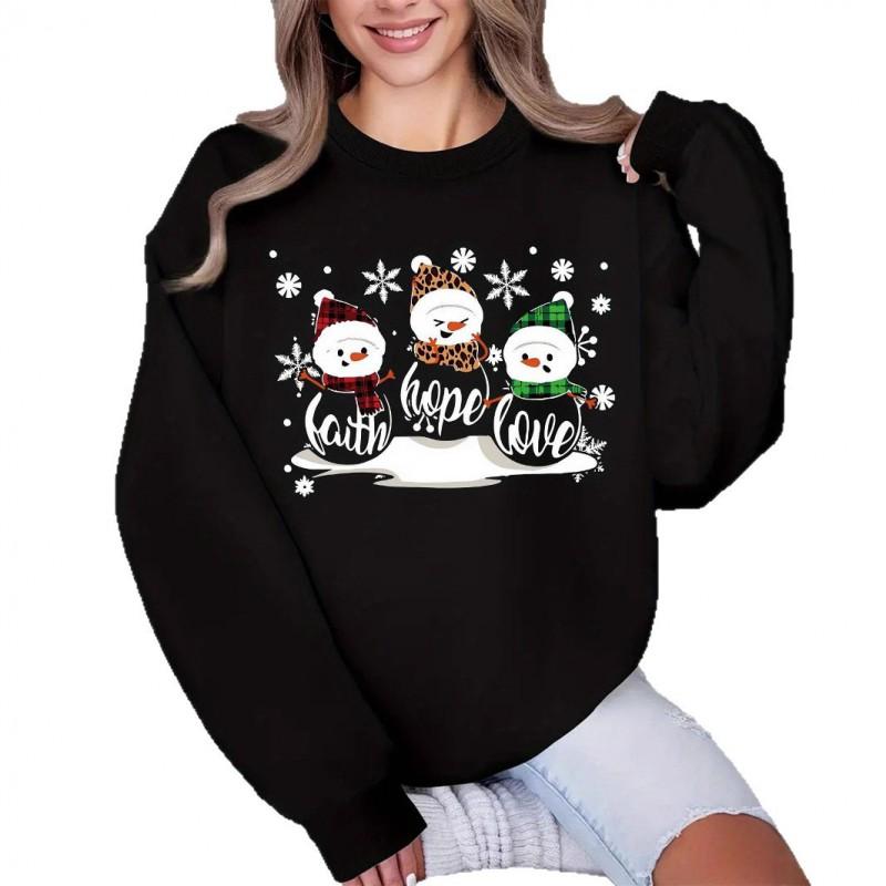 Christmas Snow Print Crew Neck Sweatshirt Women Loose Fit Casual Long Sleeve Top