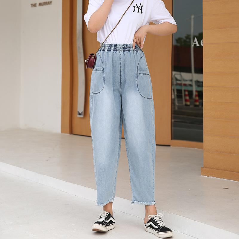 Женские джинсы больших размеров L-6XL, женские брюки, летние тонкие брюки-фонарики, повседневные свободные повседневные женские джинсы большого размера, брюки