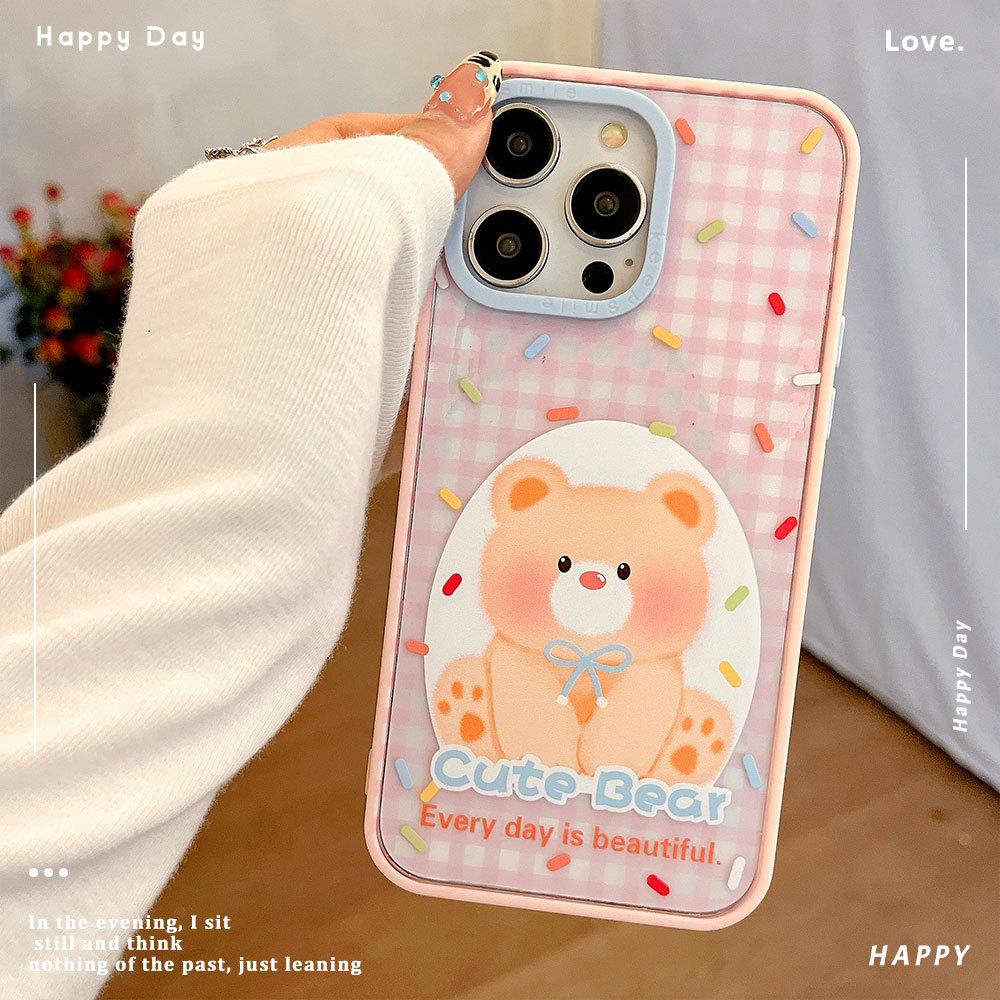 Клетчатый контрастный акриловый чехол для телефона Daidai Bear, подходит для Apple 16promax, розовый защитный чехол для Apple 15, 14