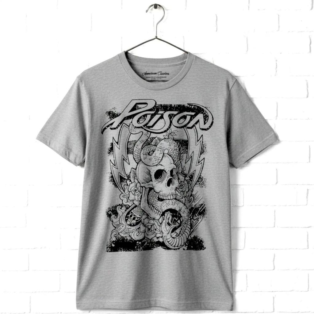 Poison Men's T-shirt Vintage Skull Snake Lightning Gray Graphic Tee Glam Metal Band Concert Tour Merch American Rock Music Lover Shirt