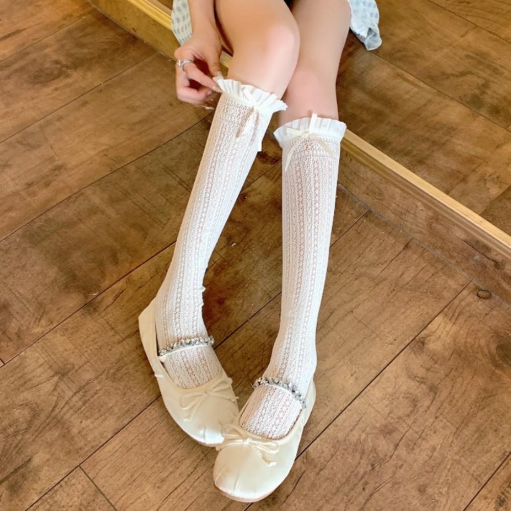 1 Pair Hollow Lace JK Socks Solid Color Calf Socks Thin Over The Knee Socks Girls Wear