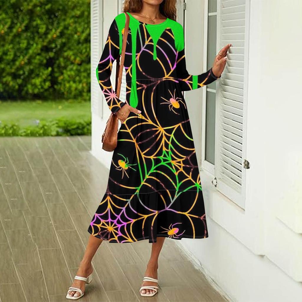Женское повседневное платье с принтом на Хэллоуин, весна-осень, карман, круглый вырез, длинные рукава, платья