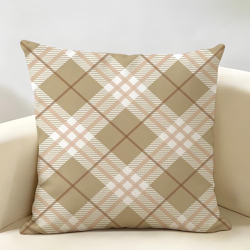 Classic Brown Plaid Cushion Cover Natural Linen Organic Fabric Double-Sided Printing Breathable Perfect For Home Decor