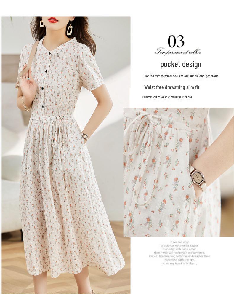 Женское летнее платье 2025 года с цветочным принтом из хлопка и льна - с коротким рукавом, приталенное, длинное, омолаживающее, модная повседневная одежда для мам