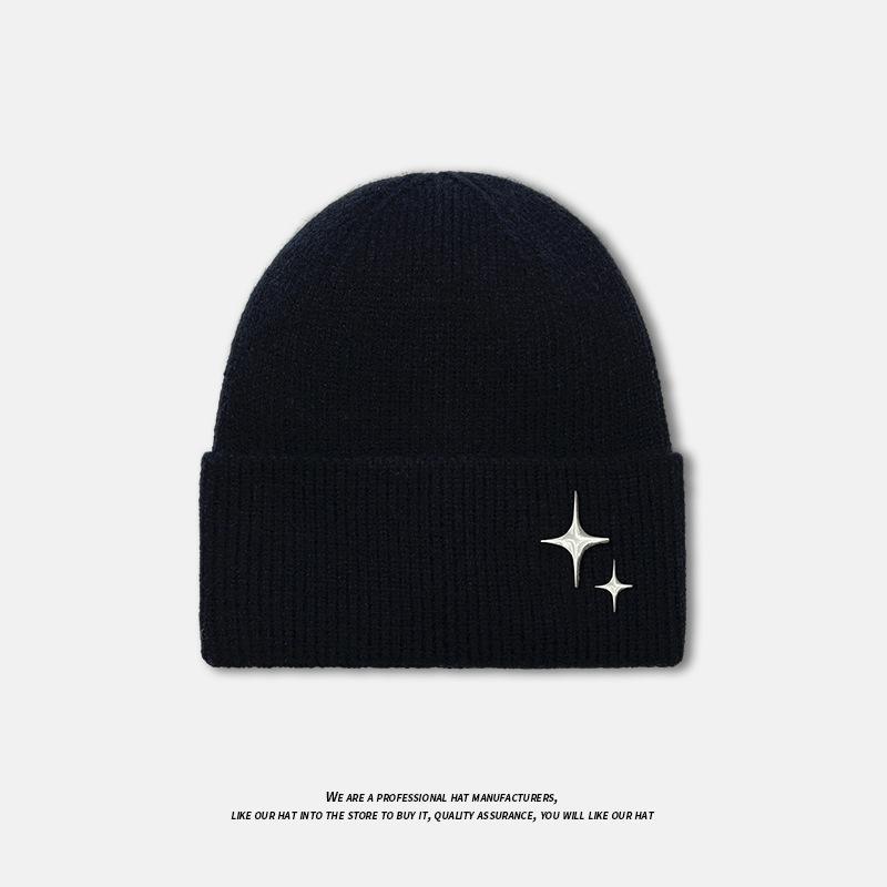 Осенне-зимняя шапка женская с заклепками и звездой, универсальная, для большого обхвата головы, теплая, с защитой ушей, шерстяная шапка, утолщенная, для маленького лица, вязаная шапка