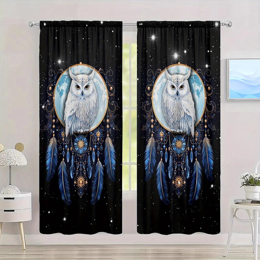 2pcs Owl Printed Curtain for Home Decor - Rod Pocket Window Treatment for Bedroom, Office, Kitchen, Living Room, and Study