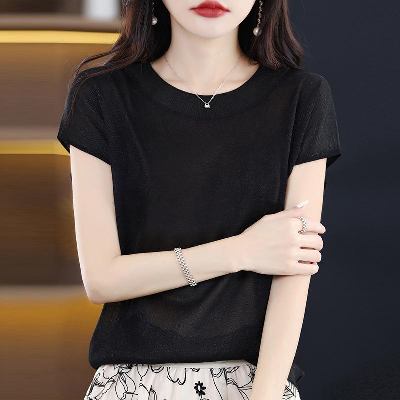 IHUASU Women's Ice Silk Short-sleeved T-shirt Summer Bright Silk Temperament Jersey Linen O-neck Blouse Thin Versatile Loose