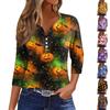 Women's V-Neck Button Halloween Three-quarter Sleeve T-Shirt Top