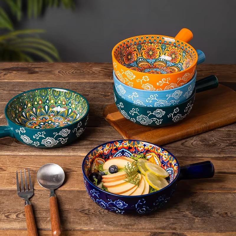 Bohemian Ceramic Handle Bowl, Home Creative Fruit Salad Bowl, Instant Noodle Bowl With Handle, Oven Baking Bowl, Heat-Resistant