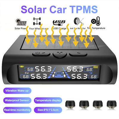 Солнечная TPMS с системой быстрого оповещения, HD LED экраном, 4 внешними датчиками, двойной солнечной/USB зарядкой для отображения давления и температуры шин в реальном времени