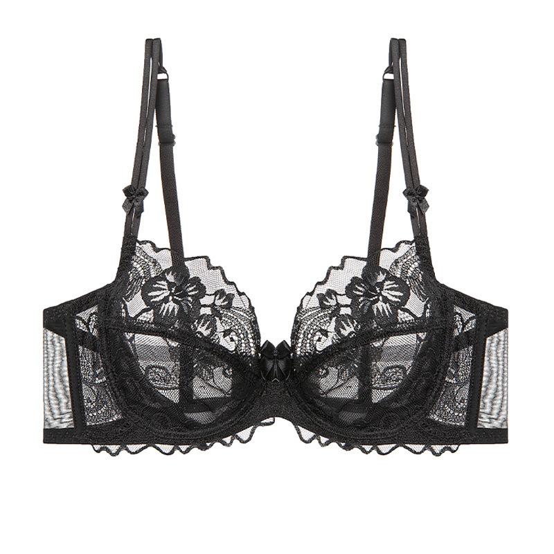 French lingerie, sexy and pure, ultra-thin see-through lace, plus-size bra, big bust minimized, anti-sagging bra