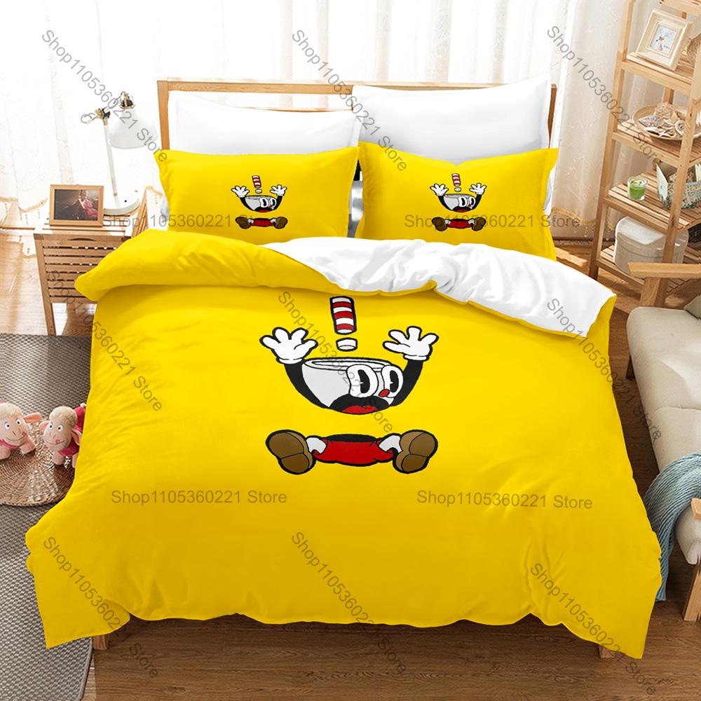 Cuphead and Mugman Bedding Set Duvet Cover + 2 Pillowcases Retro Cartoon Game Bedroom Decor