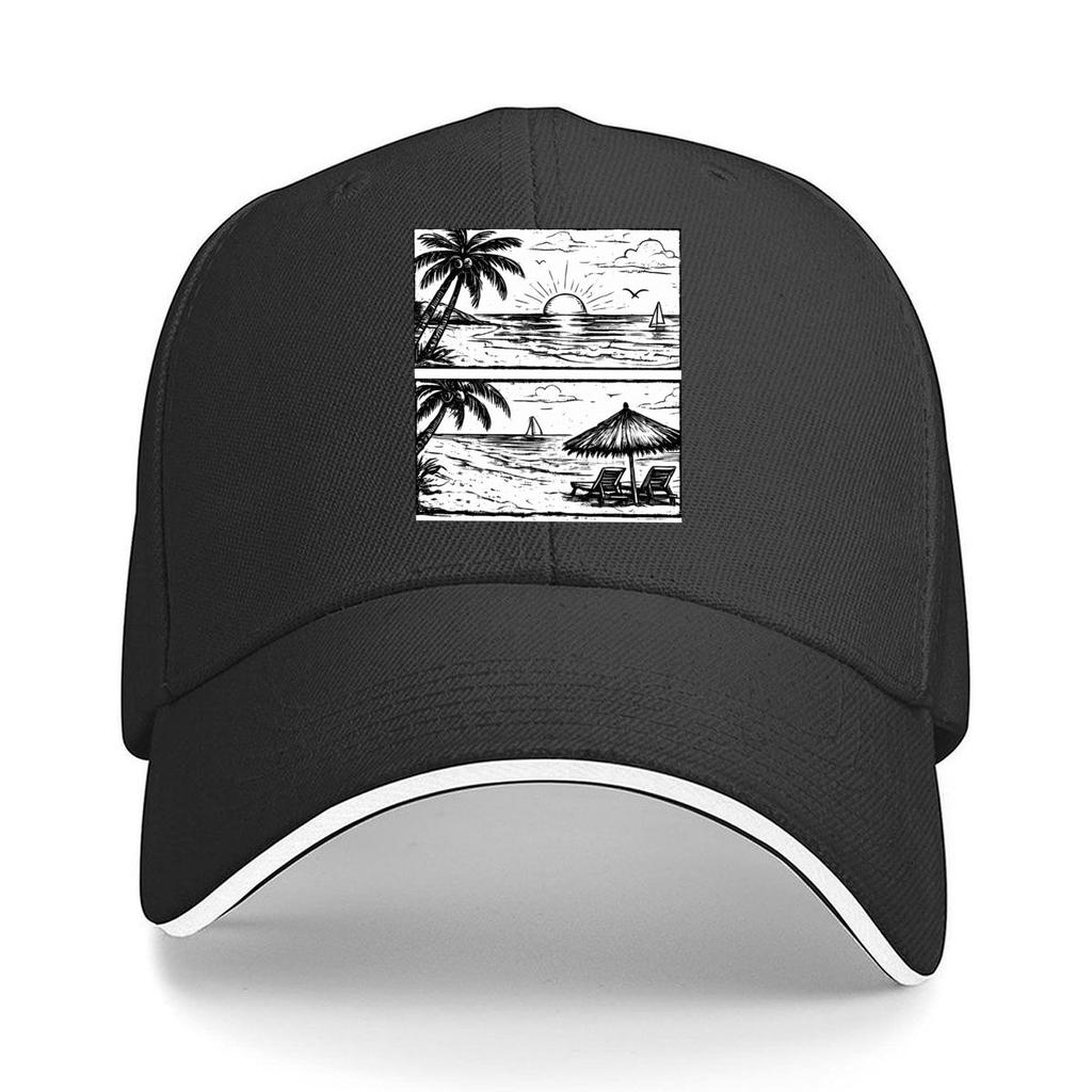 Tropical Beach Sunset Palm Tree Ocean Sailboat Sketch Sandwich Baseball Cap Unisex Women Sun Cap Outdoor Workouts Hat