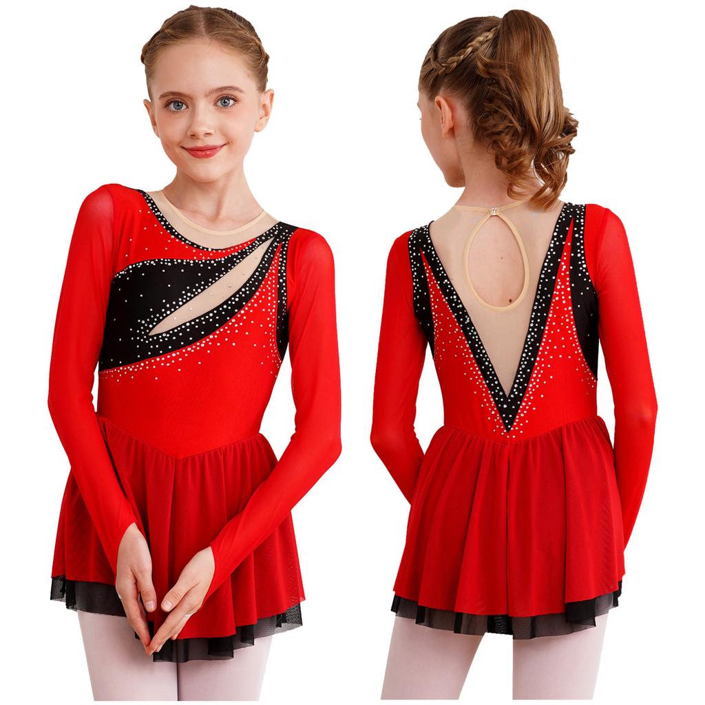 Kids Girls Sparkly Rhinestone Long Sleeve Figure Ice Skating Dress Ballet Modern Lyrical Dance Costume