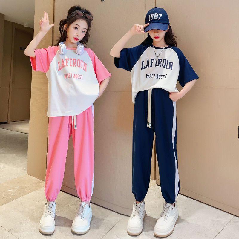 Летний повседневный комплект для девочек-подростков, детская модная футболка с буквенным принтом + брюки, спортивная одежда из 2 предметов, детская одежда