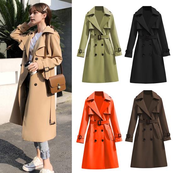 Women's Trench Coat Double-Breasted Classic Lapel Overcoat Windproof Long Belted Jacket Fall Outerwear with Pockets