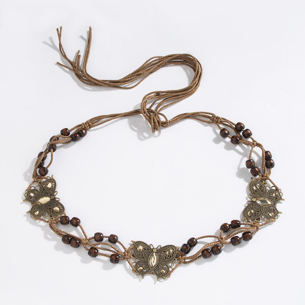Bohemian Style Butterfly Water Diamond Woven Ethnic Style Handmade Wooden Bead Women's Belt Casual Vacation Style Waist Rope