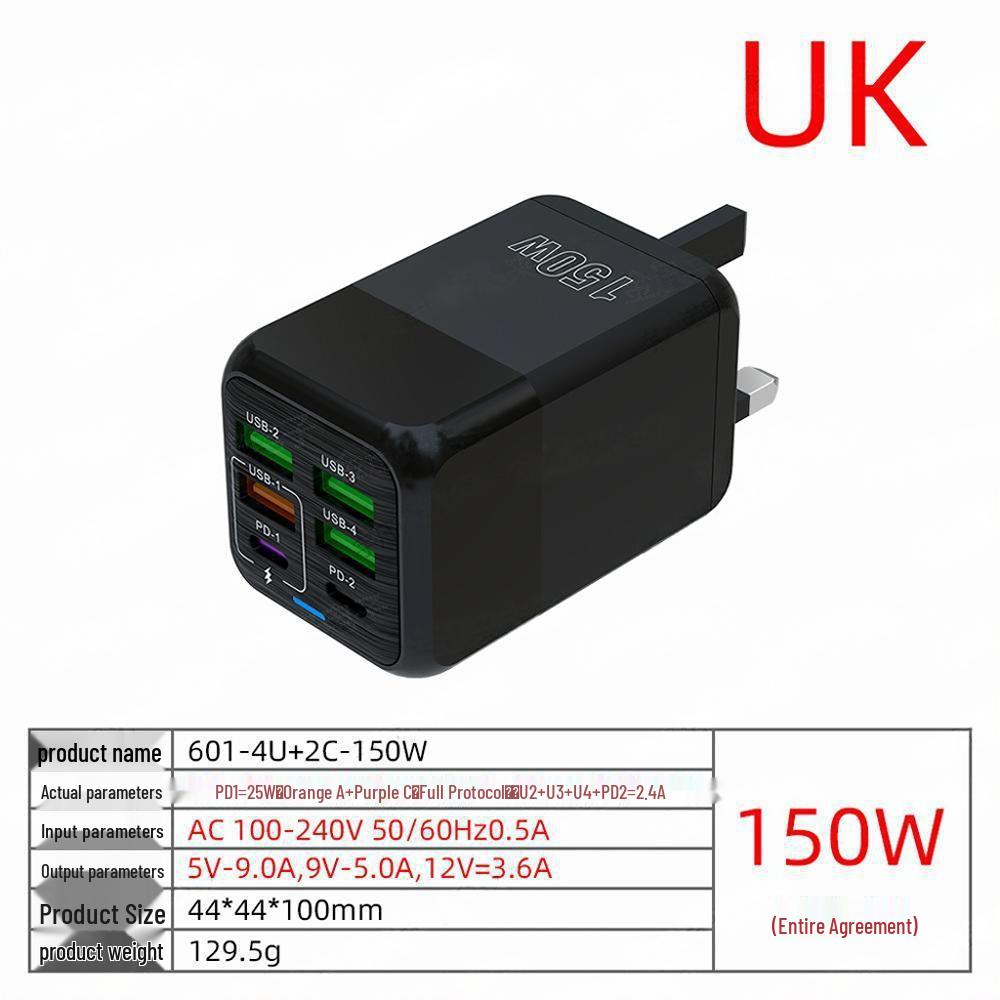 Многопортовое зарядное устройство 200 Вт: 3 USB + 3 PD, Быстрое зарядное устройство 6-в-1 для мобильных телефонов, 5 В/2,4 А, Стандарты ЕС/США/Великобритании