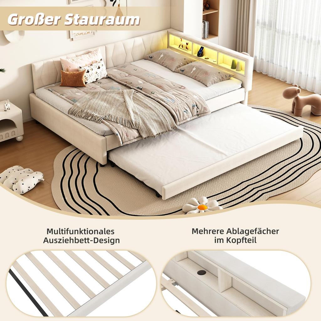 Sofa Bed 140x200 Cm Extendable LED Strip USB+Type-C Storage Compartment Slatted Frame Linen Bed Frame Without Mattress Beige