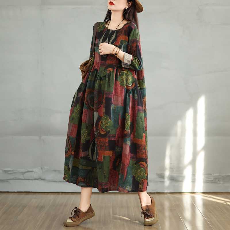 Новое винтажное платье из хлопка и льна с принтом, круглым вырезом и длинными рукавами, женское, свободного кроя, большого размера