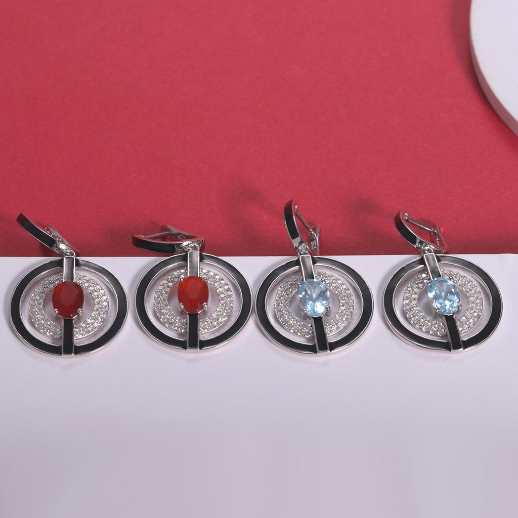 Оригинальные авторские серьги с эмалью из натурального топаза. Серьги с драгоценными камнями из серебра 925 пробы с индивидуальным дизайном.