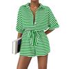 Летний женский комбинезон в полоску контрастного цвета со шнуровкой и эластичным поясом, цельный комбинезон с короткими рукавами и отложным воротником, полуоднобортный короткий комбинезон