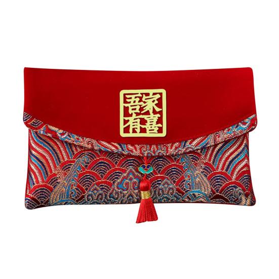 Свадебный красный конверт большой вместимости с вышивкой-благословением и кисточкой, красный конверт для денег в китайском стиле, красный конверт для денег на свадьбу