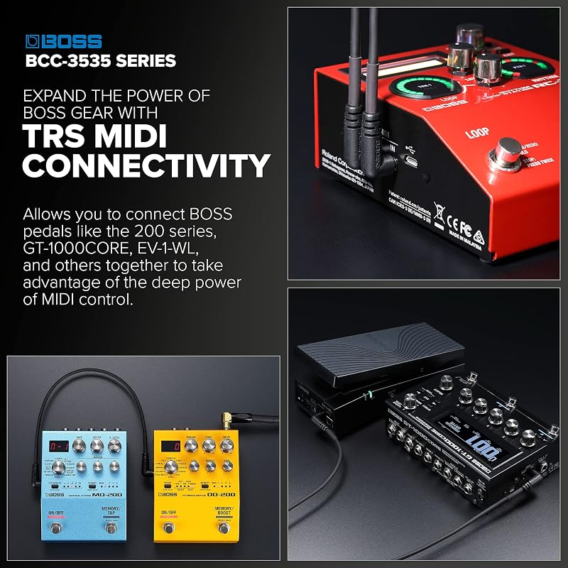MIDI-кабель BOSS BCC-1-3535 3,5 мм TRS/TRS 30 см LL для MIDI-педалей управления, совместим с серией 200 GT-1000CORE EV-1-WL.
