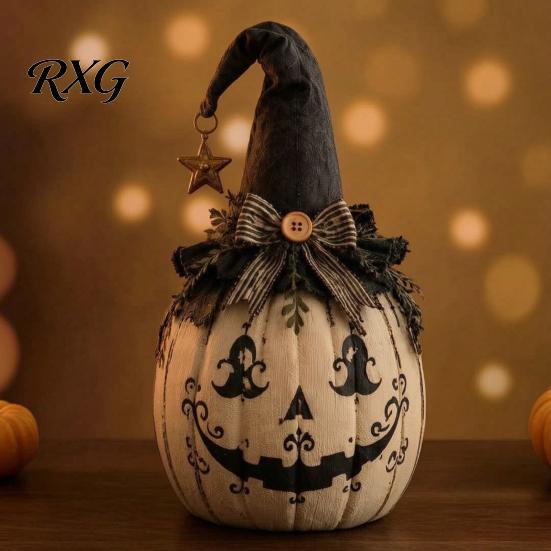 Autumn Harvest Ornaments Halloween Pumpkin Decoration with Wizard Hat, Vintage Resin Witch Figurine Ghost Face Decor Bow, Rustic Tabletop Ornament for
