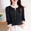 Beaded French Light Luxury Wood Earrings Satin Shirt Spring New Contrast Top Small Fragrance Style Women's Clothing