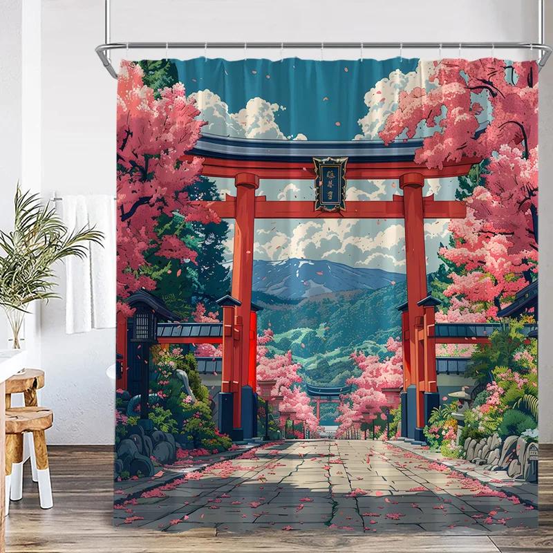 Japanese Landscape Shower Curtains Pink Cherry Blossom Mountain Lake Night Scenery Polyester Fabric Home Bathroom Curtain Decor