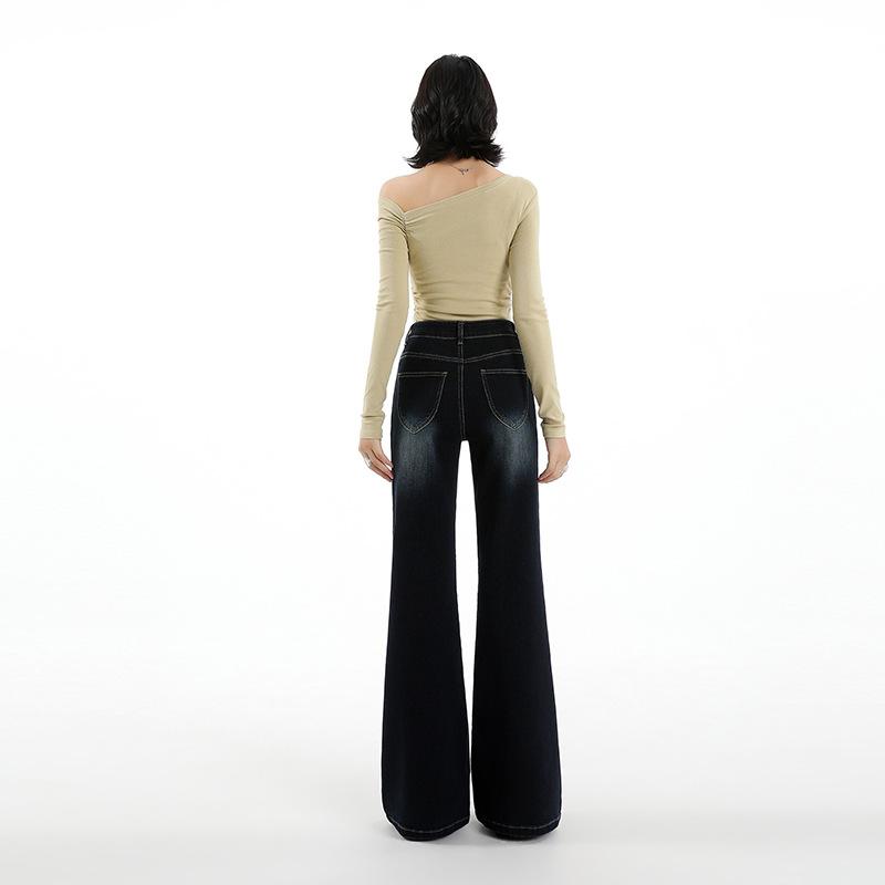 No legs slightly pulled jeans women's autumn new high waist loose and thin versatile wide leg flared pants