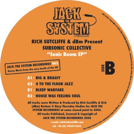 12-дюймовая пластинка RICH SUTCLIFFE & DBM ПРЕДСТАВЛЯЮТ SUBSON - Sonic Boom EP JTS002 Jack The System 2007 UK Dance & Electronica Б/У