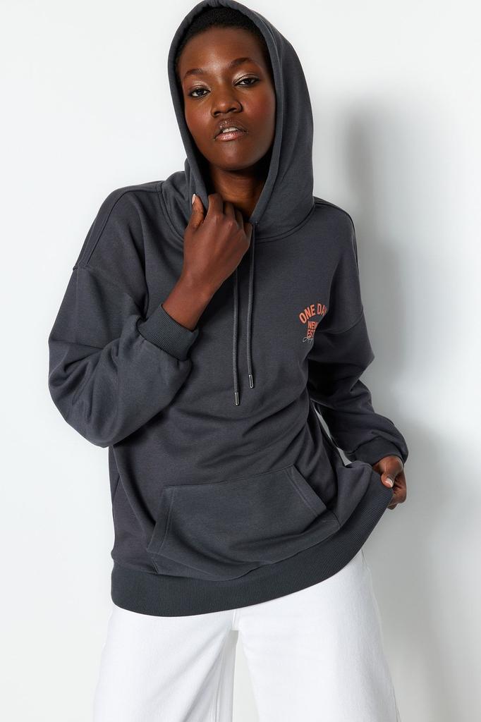 Женская мода стильная толстовка антрацитовый слоган с принтом оверсайз с капюшоном толстая вязаная толстовка