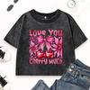 Love You Cherry Much Print Washed Crop T-Shirt Women Summer Soft T Shirts Casual Slim Short Sleeve Clothing