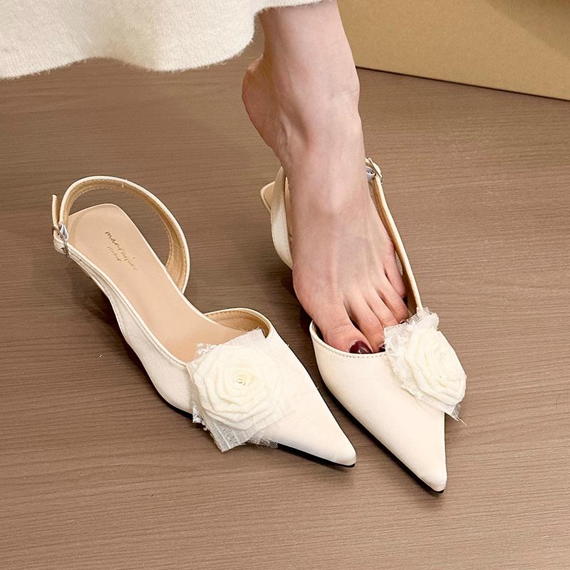 Волшебная зеленая роза! Нежный атласный розовый мешок голова пустые сандалии женские 2025 весна и лето темперамент туфли-стилеты