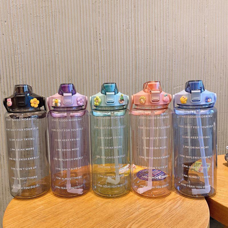 2 Liters Plastic Kettle Large Portable Travel Water Bottle With Straw Sports Fitness Cup Portable Drink Bottle With Sticker