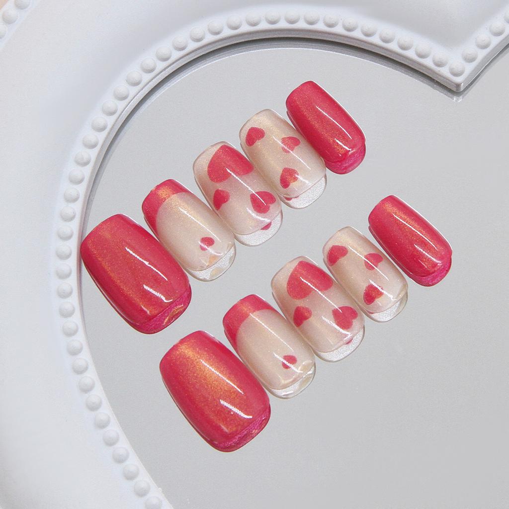 30pcs Cat Eye Press On Nails With Pink Heart Design Glitter False Nails For Women Girls Holiday Party Wear