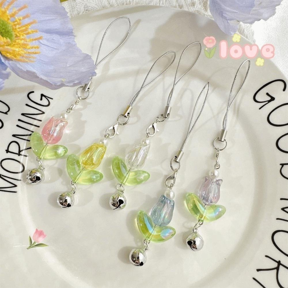 Hanging Cord Mobile Phone Lanyards with Bells Tulips Flower Hangings Pendant Tulip Phone Charm  Bag