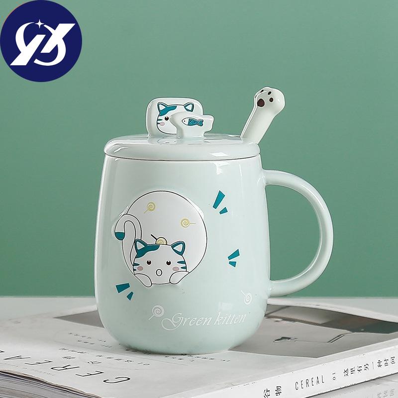 Креативная керамическая кружка для офиса с мультяшным котом и ложкой с крышкой