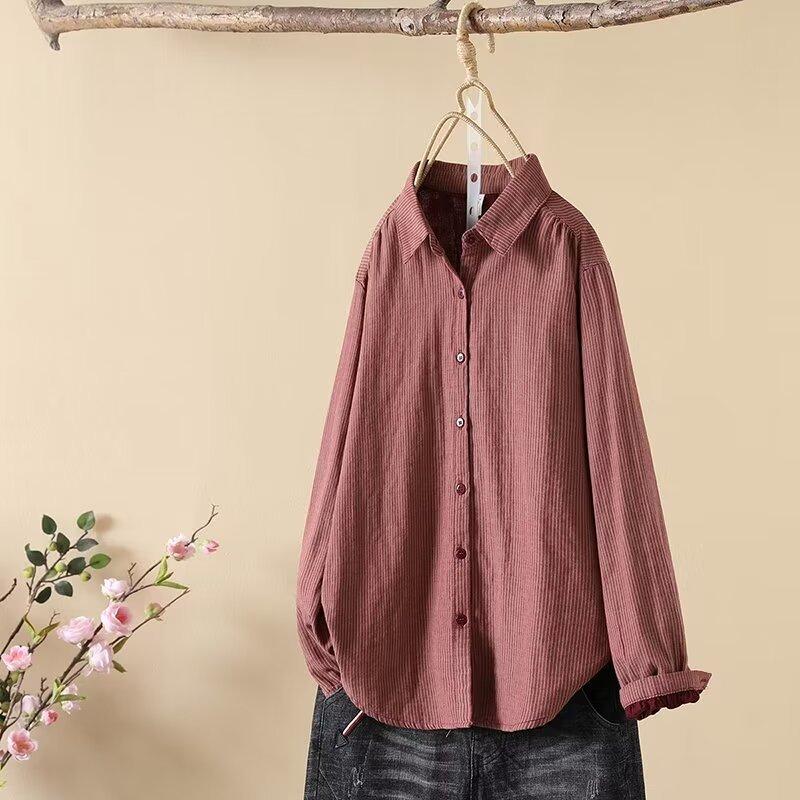 Рубашка в полоску из чистого хлопка в стиле ретро, женская двухслойная рубашка из хлопчатобумажной марли с длинными рукавами, универсальная рубашка на весну и осень, блузки и рубашки