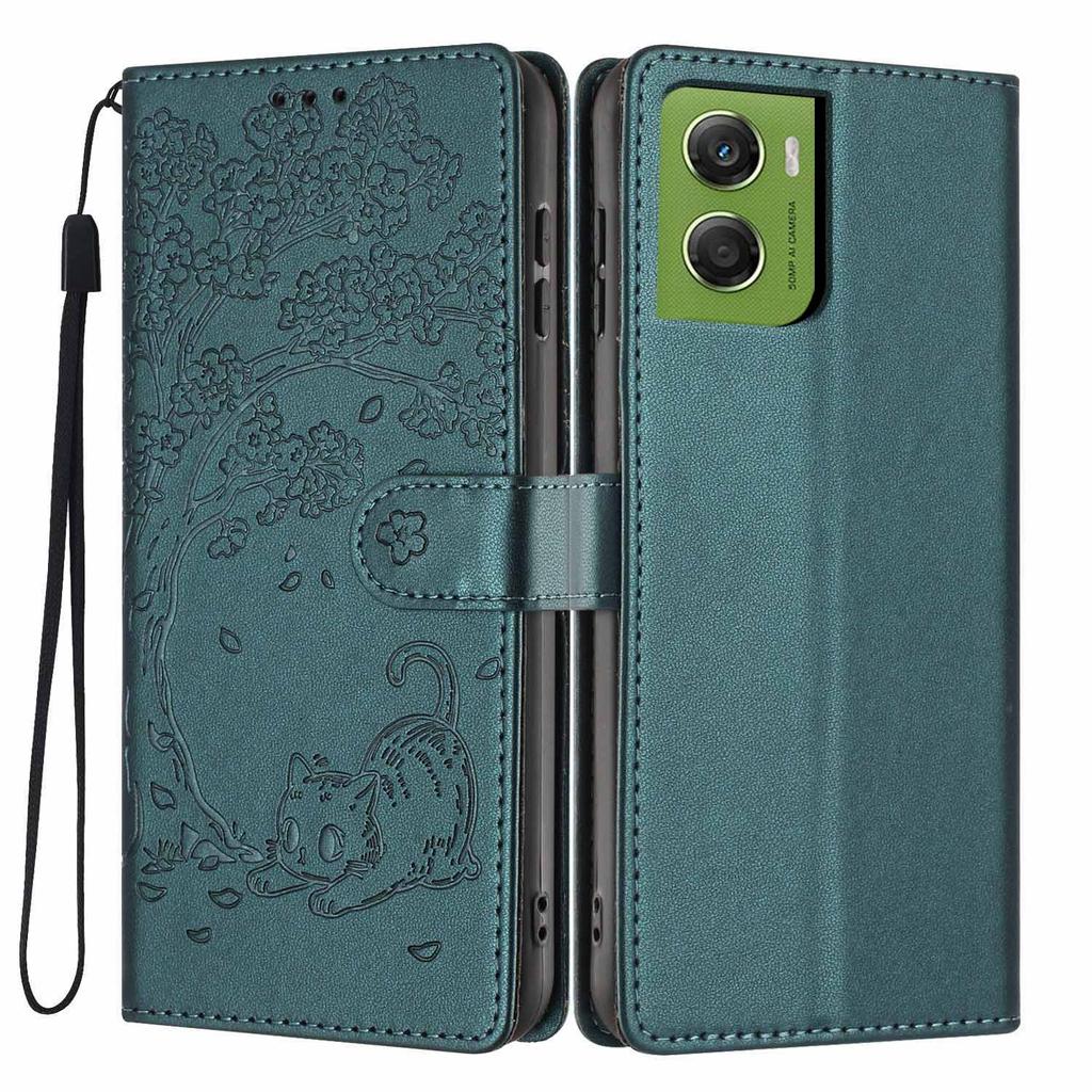 For Motorola Moto G06 4G/G06 Power 4G Stand Case Tree-and-Cat Pattern PU Leather Wallet Protective Phone Cover with Wrist Strap