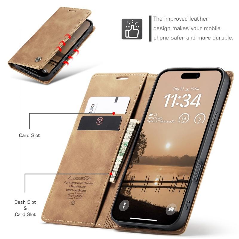 CaseMe Ретро Магнитный Флип Чехол из ПУ Кожи для iPhone 17 Air 17 Pro 16 15 14 13 12 11 XS XR 8 7 6S 5 SE Кошелек Чехол для Телефона Coque