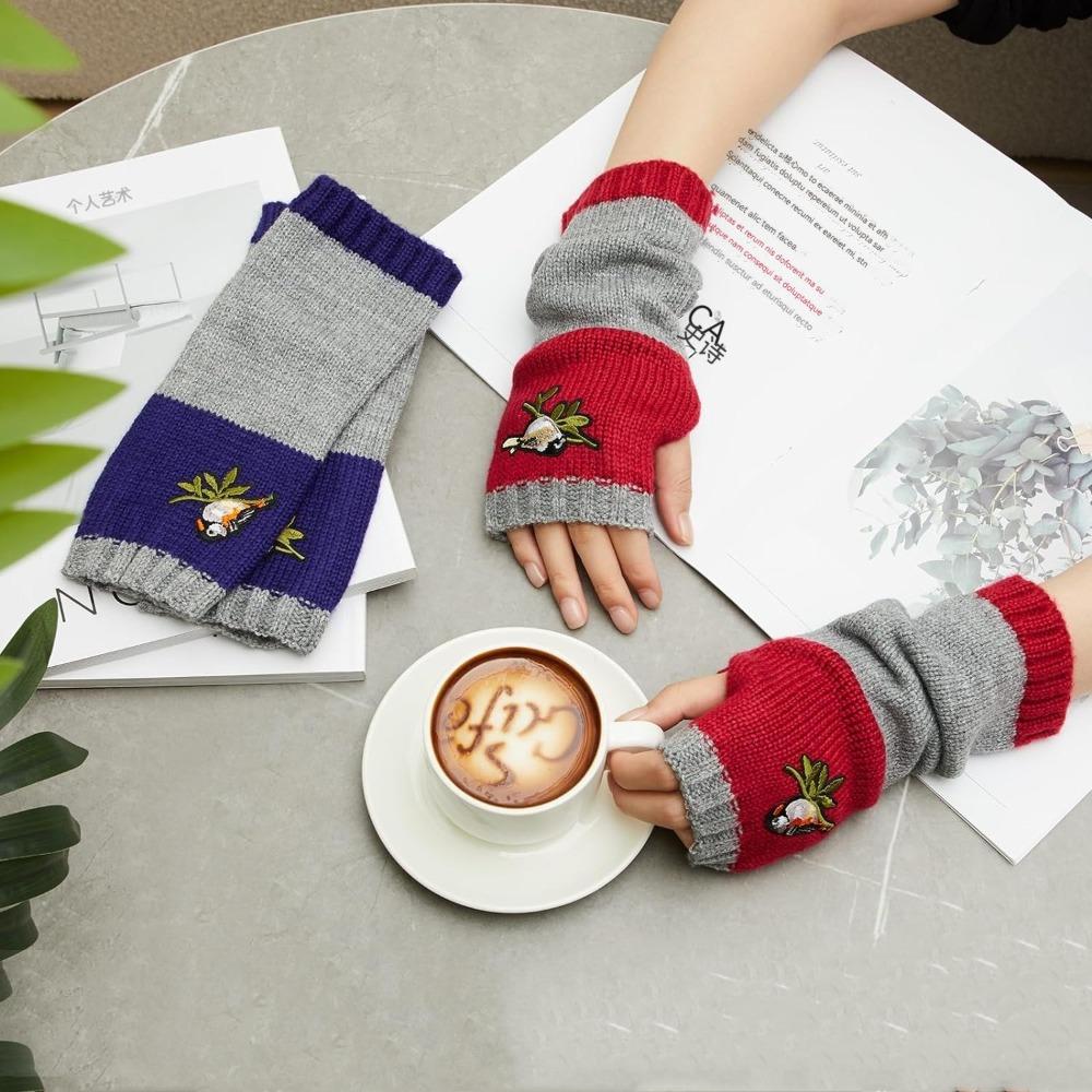 Soft Half Finger Gloves Embroidered Bird Y2k Winter Mittens Knitted Fingerless Gloves Winder