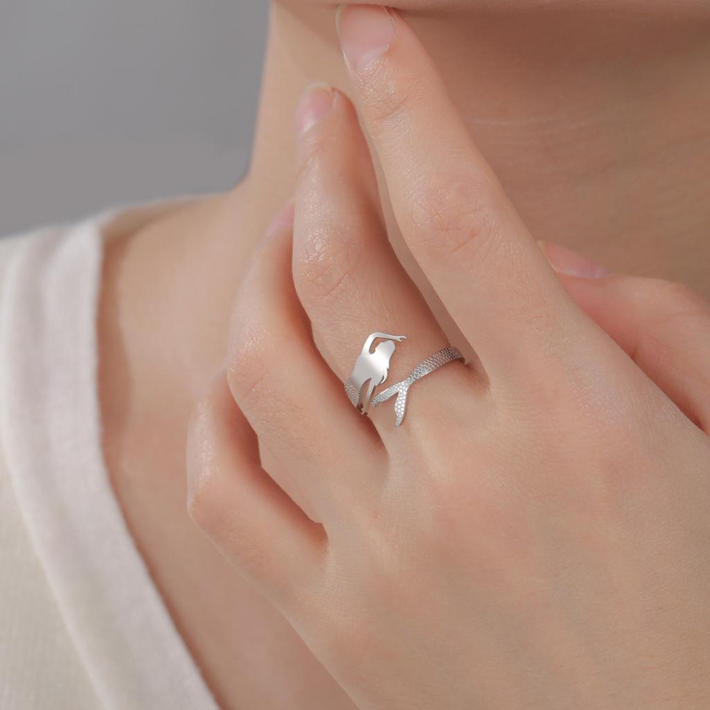 Изысканные кольца в виде русалки для женщин и девочек из нержавеющей стали, регулируемое кольцо на открытый палец, женское ювелирное изделие, подарок на День святого Валентина