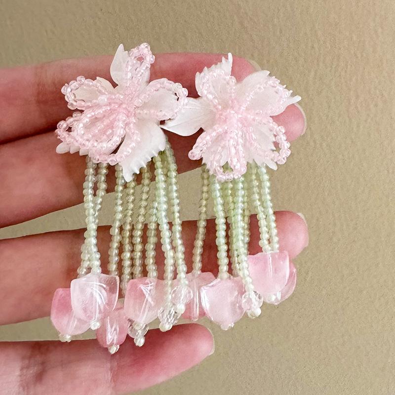 Small Fresh Sweet Pink Beaded Flower Tassel Earrings Mori Ins Style Super Fairy Atmospheric Smart Women Pierced Jewelry