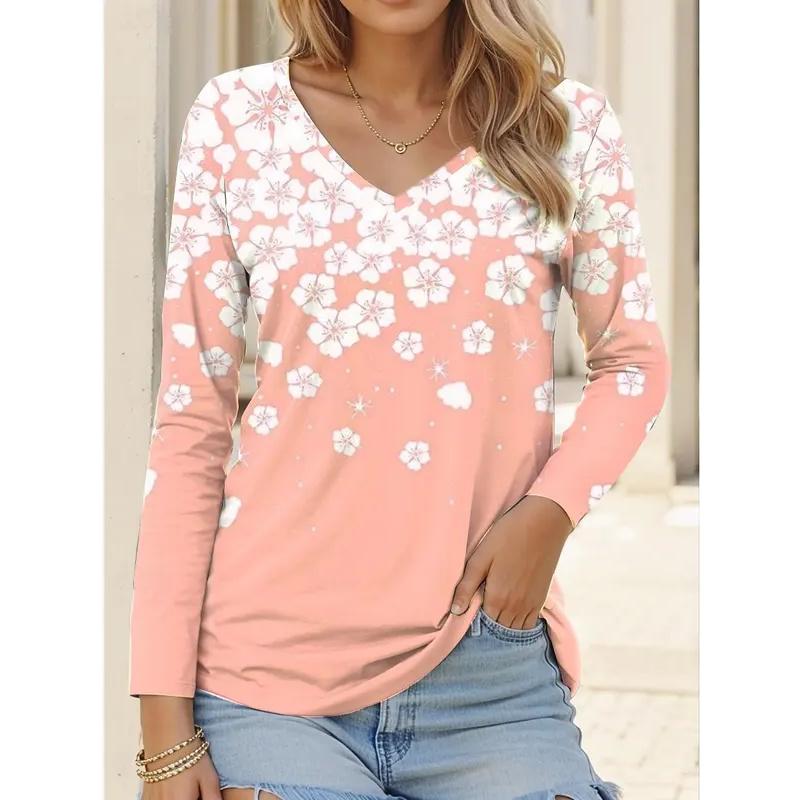 Women's T-Shirt Floral Graphic Flower Elegant Fashion T-shirts Long Sleeve V-Neck Regular Tops Pullover Fall Winter