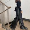 Plus Size Women's Black PU Leather High Waist Straight Leg Pants - Loose, Floor-Length, Wide/Narrow Leg Style for Spring/Autumn.